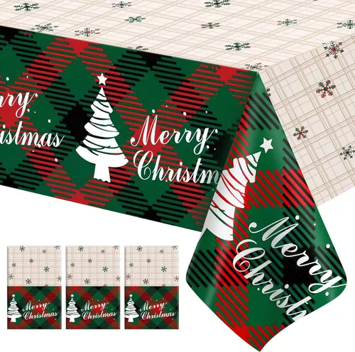 Miniatura 9 de Mantel de Navidad, 2 piezas de mantel desechable de plástico rojo, mantel de 54 x 108 pulgadas para decoraciones de Navidad, mantel de árbol