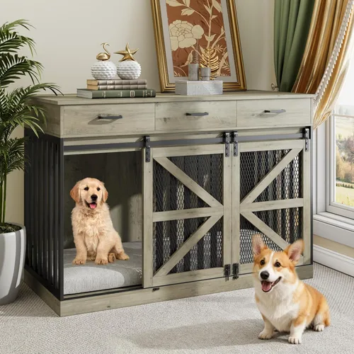 Miniatura 8 de kepptory Caja grande para perros de 48 pulgadas con 3 cajones de almacenamiento, perrera de madera con divisor removible, mesa auxiliar de perrera