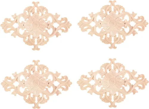 MUXSAM - Apliques tallados en madera, 4 piezas decorativas de madera, calcomanías centrales de muebles sin pintar para gabinete, tocador, cama,
