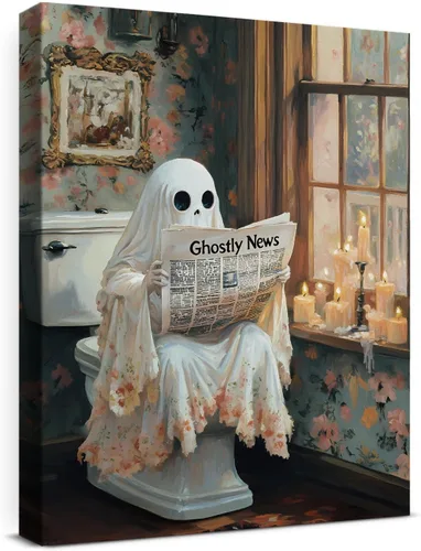 Miniatura 35 de QPVXSST Arte de Pared Interesante de Fantasma de Halloween para Baño, Póster Impreso en Lienzo de Estilo Gótico, Decoración de Baño con Diseño