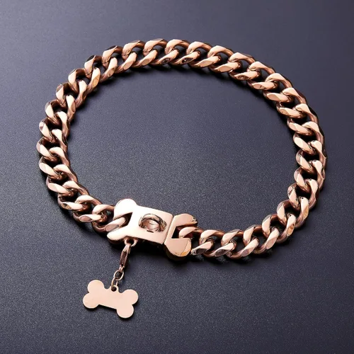 Miniatura 5 de Collar de perro resistente de acero inoxidable con eslabones cubanos de oro rosa para perros pequeños, medianos y grandes, collar de lujo para perro