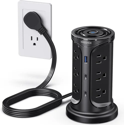 Regleta de Protección contra Sobretensiones Torre Enchufe Plano con 12 Tomas de CA 3 Puertos USB (2 Tipo C), Cable de Extensión Ultra Plano de 6.5