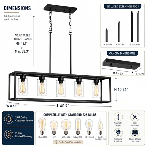 Miniatura 3 de Lámpara de comedor negra de 5 luces, candelabros modernos de granja, iluminación rectangular lineal para isla de cocina, iluminación colgante