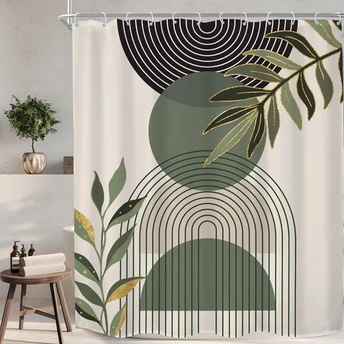 KOMLLEX Cortina de ducha bohemia verde oscuro para decoración de baño, 60 pulgadas de ancho x 72 pulgadas de alto, color negro y verde, moderna, de