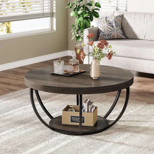 Miniatura 8 de Tribesigns Mesa de Centro Redonda, 31.7" Mesa de Centro Circular de Madera de 2 Niveles con Estantes de Almacenamiento, Mesa de Cóctel de Acento