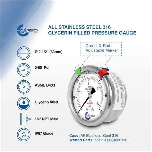 Miniatura 29 de Medidor de presión relleno de líquido de 300 PSI, dial de 2.5 pulgadas, montaje trasero 1/4 NPT, estuche 316 SS, 316 piezas mojadas SS, PSI/barra
