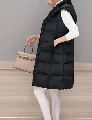 Miniatura 4 de Fiona Jolin Chaleco largo acolchado para mujer, negro, de invierno, de algodón, acolchado, sin mangas, chaquetas hinchadas