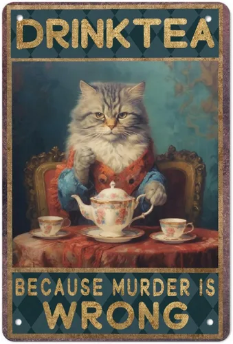 Miniatura 13 de Cartel de metal de aluminio con texto en inglés "Cat Kitty-I Read Books And Drink Tea", regalo para amantes de los gatos, para baño, jardín