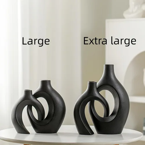 Miniatura 2 de Levvohd Juego de 2 Jarrones de Cerámica Negra XL para Decoración Moderna del Hogar, Jarrones Redondos Neutros Boho Donut de Hierba de las Pampas