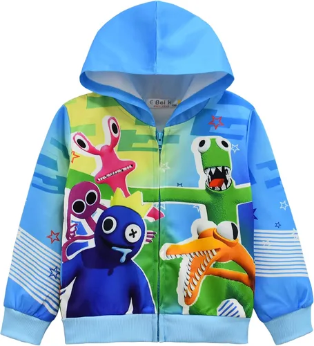 Rainbow Friends - Sudadera con capucha de manga larga para niños chaqueta gráfica con cremallera sudadera azul fresca linda sudadera con capucha