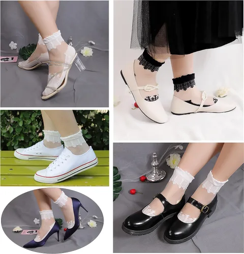 Miniatura 2 de Lovful 3 pares de calcetines cortos ultrafinos transparentes de encaje elástico para mujer