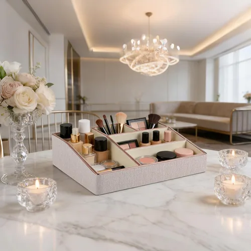Miniatura 2 de Bandeja organizadora de maquillaje de piel sintética, organizador grande de tocador, caja de almacenamiento de cosméticos para pinceles de lápiz