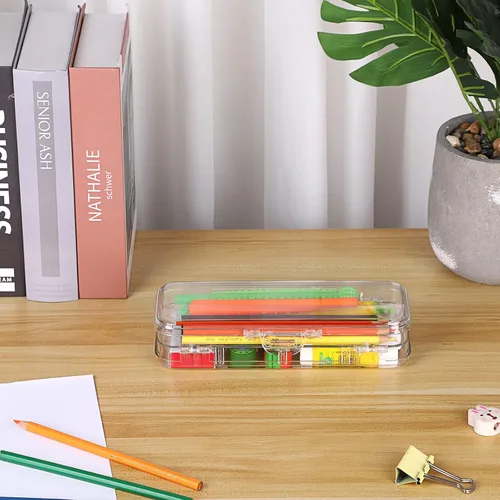 Miniatura 3 de BTSKY Caja de lápices de doble cubierta, caja de plástico transparente con 4 reglas extraíbles, espaciadores divisores, cajas de utilidad