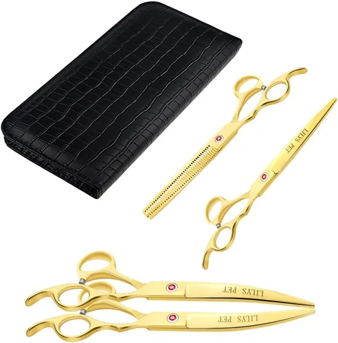 Miniatura 5 de Tijeras de titanio recubiertas de aseo profesional para mascotas para perros, tijeras de corte, curvas y adelgazantes (7.0 pulgadas, doradas)