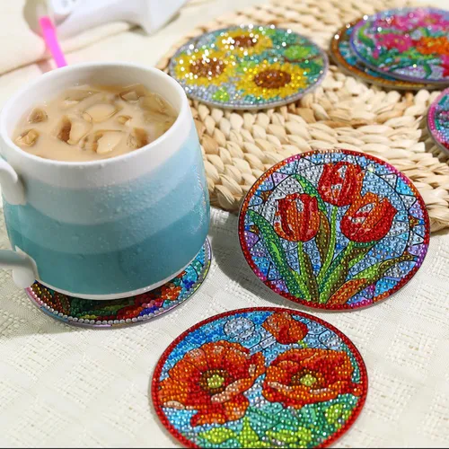 Miniatura 5 de 8 PCS Juego de Posavasos de Arte de Diamantes con Flores, Juego de 8 Posavasos de Pintura de Diamantes con Soporte, Posavasos para Bebidas DIY