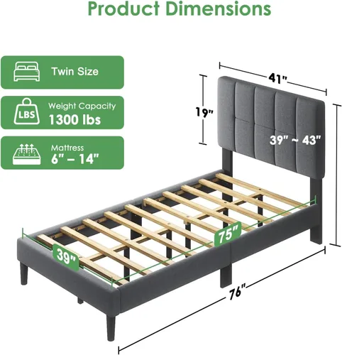 Miniatura 2 de Marsail Base de cama de tamaño individual con cabecero, tapizado, ajustable de 6 a 12 pulgadas, capacidad de 1300 libras, diseño de madera