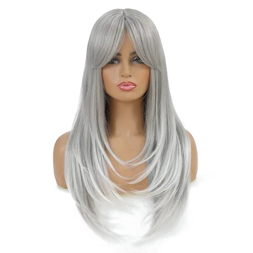 Miniatura 9 de SWACC Peluca de pelo sintético con flequillo largo en capas para mujeres con gorra de peluca (negro)