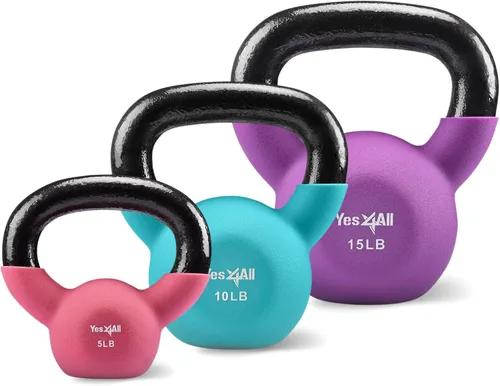 Miniatura 19 de Yes4All Pesas rusas, pesas rusas de hierro fundido recubiertas de neopreno de 5-65 LB, asa de agarre ancho y fondo plano para balanceos, B. 10