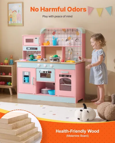 Miniatura 6 de VEVOR Cocina de Juguete de Madera, Cocina de Juego para Niños con Luces y Sonidos, Cocina Infantil con Máquina de Hielo, Horno, Fregadero, Rosa