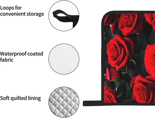 Miniatura 6 de Juego de manoplas y salvamanteles antideslizantes para horno y salvamanteles con diseño de rosas rojas, resistentes al agua, para hornear a