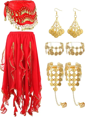 Miniatura 15 de Haysandy Conjunto de 8 piezas de danza del vientre para mujer, falda de danza del vientre, bufanda de cadera, 2 pulseras, aretes, pulsera de tobillo