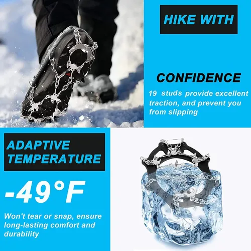 Miniatura 3 de Crampones - Tacos de hielo, tracción para zapatos y botas, 19 tachuelas antideslizantes de acero inoxidable, tacos de nieve seguros para senderismo