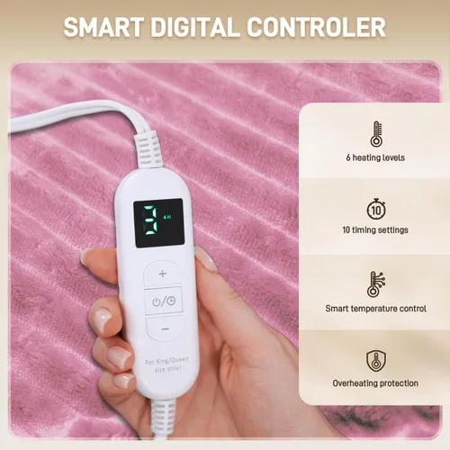 Miniatura 5 de Manta térmica – Manta eléctrica tamaño Queen de 84 x 90 pulgadas, manta térmica de franela suave con 10 ajustes de tiempo, 6 ajustes de calor, Rosa