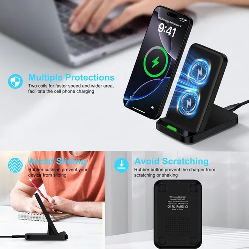 Miniatura 8 de Soporte de cargador inalámbrico para Samsung Galaxy S25 FE Ultra Plus S24 S23 S22 S21, Motorola Desk Android Phone Estación de carga rápida Negro