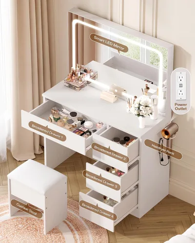 Miniatura 11 de LIVELYGLOW Escritorio de maquillaje con estación de carga y espejo LED, juego de tocador de 35.4 pulgadas con 4 cajones, 3 modos de iluminación