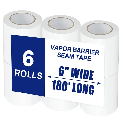 6 rollos, cinta blanca de barrera de vapor, 6" de ancho x 180' de largo, PE 0.354 in cinta de polietileno, para espacios de arrastre, costuras de