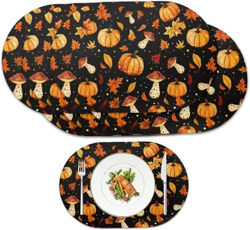Non Slip Placemats Set of 6 Pumpkin Mushroom Theme Waterproof Wipeable Faux Leather for Thanksgiving Family Feast Heat Resistant Dining Table Mats