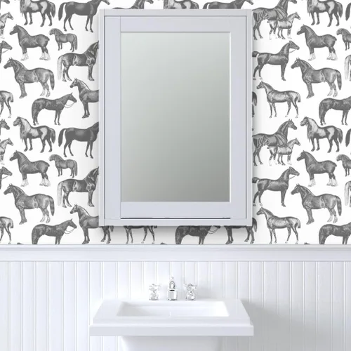 Miniatura 9 de Papel tapiz autoadhesivo de 6 x 2 pies – Caballos victorianos impresión grande blanco y negro estilo vintage Pony ecuestre personalizado extraíble