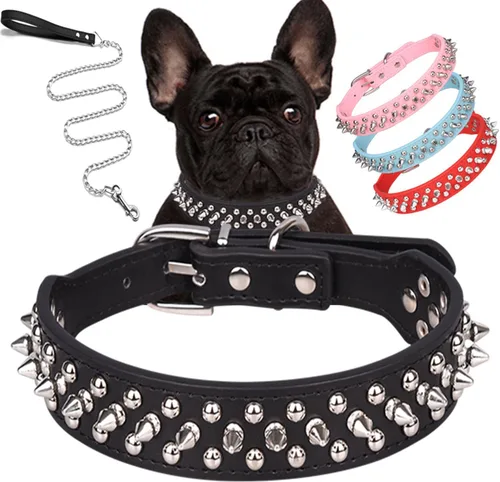 Miniatura 21 de Serijoars Collar para perro con clavos, de piel sintética suave con remaches de hongos, collar ajustable para cachorros (L, Rojo)