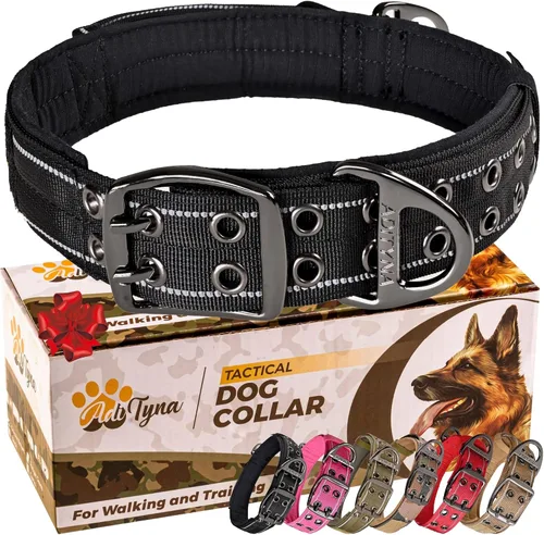 ADITYNA Collar de perro resistente con asa – Collar grueso para perros grandes – ancho, reflectante, táctico, acolchado de neopreno suave – Collar