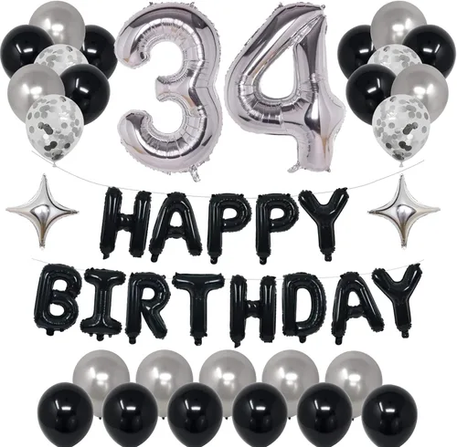 Miniatura 19 de Decoraciones de fiesta de cumpleaños color negro y plateado para niños y niñas, suministros de fiesta de cumpleaños número 14 con pancarta negra