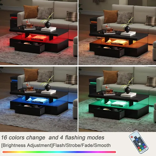 Miniatura 4 de ChooChoo Mesa de centro LED moderna, mesa central de alto brillo con cajón, mesa de centro negra con almacenamiento para sala de estar, dormitorio