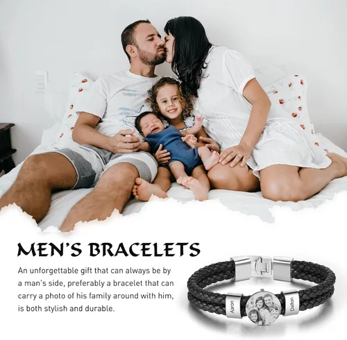 Miniatura 3 de Pulsera de cuero personalizada para hombre, grabada con nombre, imagen, foto, cuerda trenzada para papá, marido, abuelo, novio