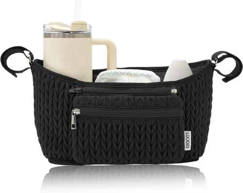 Organizador de cochecito - Elegante nailon acolchado, ajuste universal, bolsa desmontable, almacenamiento múltiple ajustable para cochecito de bebé