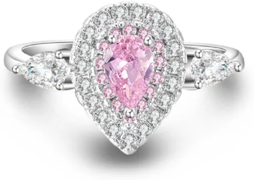 Miniatura 2 de Yuren Anillo de boda de plata 925 con circonita cúbica de gota de agua rosa/blanca de 3 quilates para mujer, talla 4-9, Piedras preciosas, oro