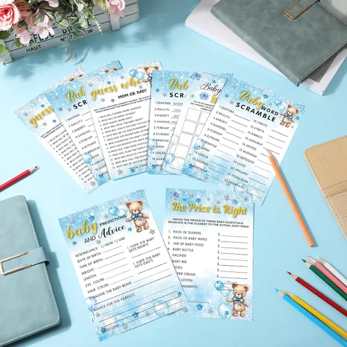 Miniatura 4 de Jetec Juego de 302 piezas para baby shower con temática de oso, 6 juegos que incluyen sopa de letras de baby shower, búsqueda de palabras