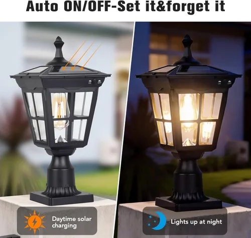 Miniatura 5 de Lámpara solar de poste de luz de aluminio fundido, impermeable, luces de pilar LED con vidrio para exteriores del atardecer al amanecer, luz solar