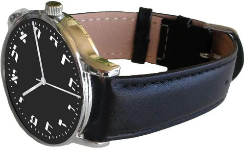 Miniatura 2 de Reloj con números hebreos y caja de cromo pulido de gran tamaño con esfera negra y correa de piel cosida negra