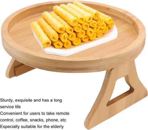 Miniatura 6 de Bandeja de aperitivos para sofá, textura de madera, bandeja para reposabrazos de sofá, mesa de brazo plegable con clip para aperitivos de café y té