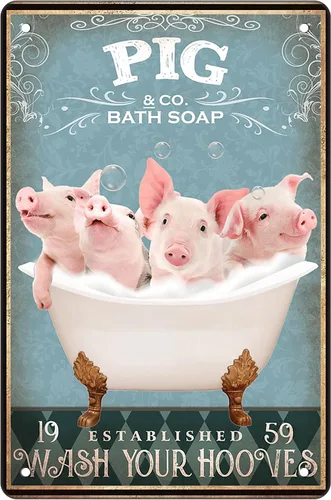 Divertido cartel de baño con diseño de cerdo - Decoración de granja, cartel de cerdo, arte de pared, póster retro, decoración de pared para bar,
