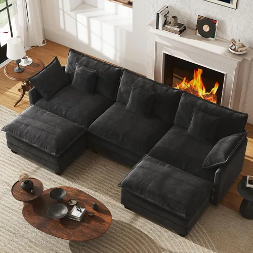 Miniatura 22 de WorthFurni Sofá Seccional Modular de 111.4", Sofá de Nube en Forma de U con 2 Otomanas Móviles, Cómodo Sofá de Chenille de Asiento Profundo