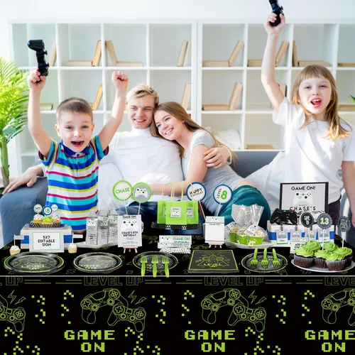 Miniatura 6 de Decoraciones de Fiesta de Videojuegos - 81 Piezas Decoraciones de Cumpleaños Gaming Verdes Incluye Platos Game On, Servilletas, Mantel para Niños
