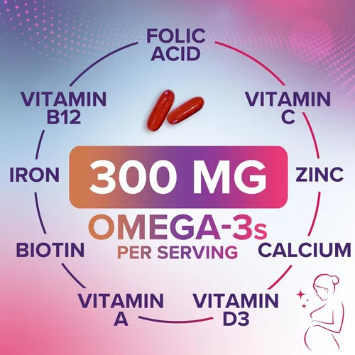 Miniatura 7 de Vitaminas prenatales con ácido fólico y DHA, apoyo al desarrollo cerebral fetal con folato y omega 3, multivitamínico prenatal para mujeres