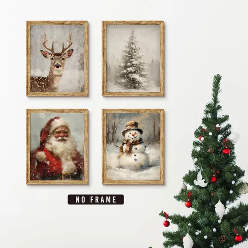 Miniatura 3 de LKETW Póster vintage de impresiones navideñas de invierno sin marco, juego de 4 unidades de 8x10 pulgadas, decoración de pared rústica de Papá Noel