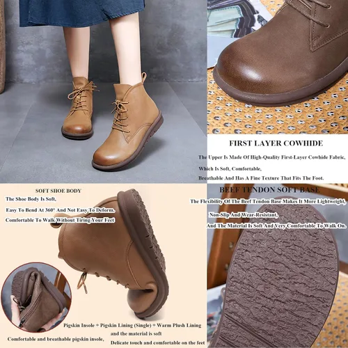 Miniatura 2 de AUNTHUI Botines de cuero genuino para mujer, botas cortas planas con punta redonda, cómodas y suaves, con cremallera lateral, botas casuales retro