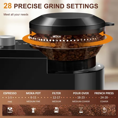Miniatura 2 de Molinillo de café eléctrico de muelas, molinillo de café ajustable con 28 configuraciones precisas de molienda para prensa francesa, café de goteo